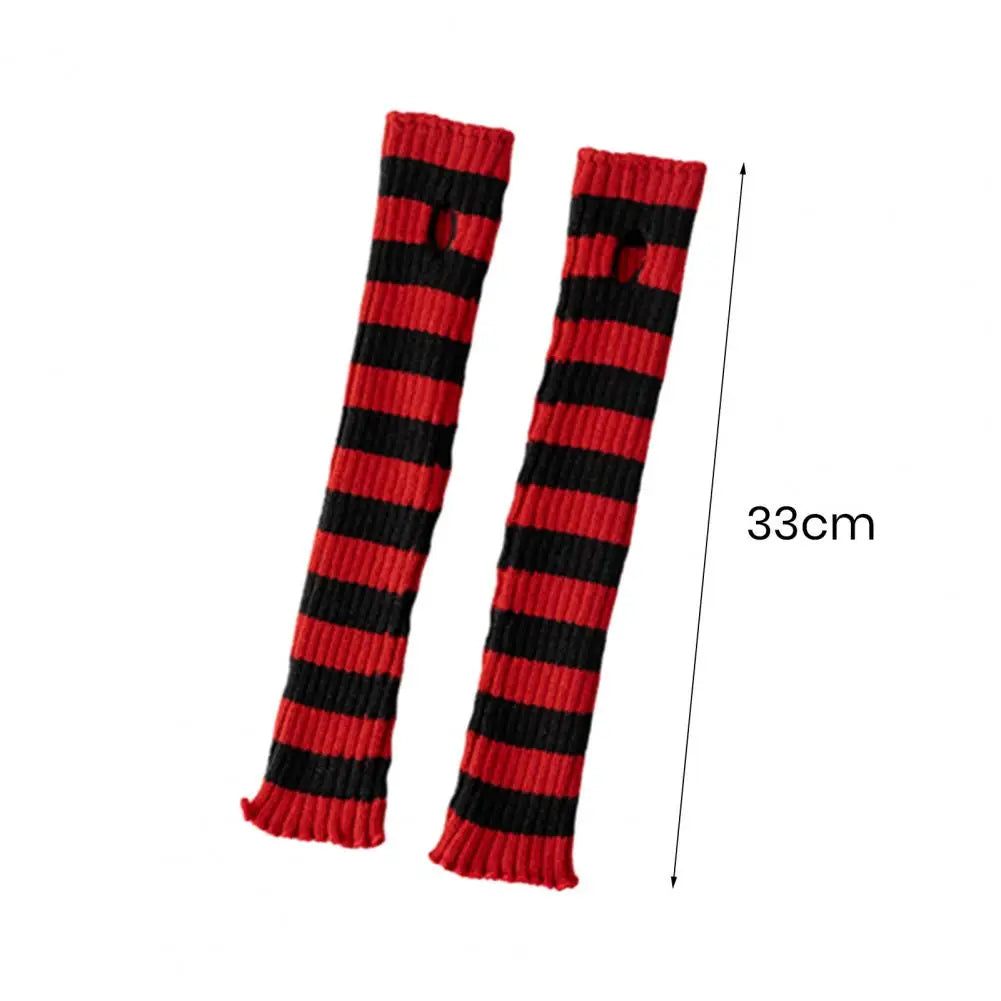 Stretch Knit Red-black Striped Goblincore Arm Warmers with Thumbhole