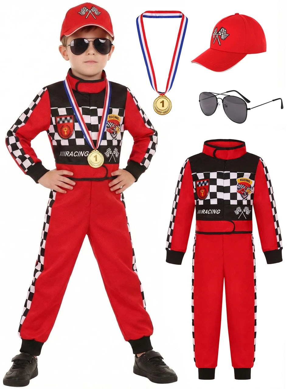 Kids Racer Costume Set Halloween Cosplay Checkered Racing Jumpsuit Boys Book Week Costumes