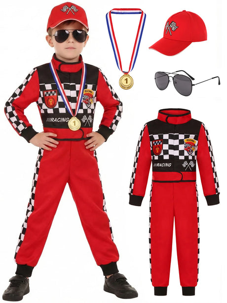 Kids Racer Costume Set Halloween Cosplay Checkered Racing Jumpsuit Boys Book Week Costumes