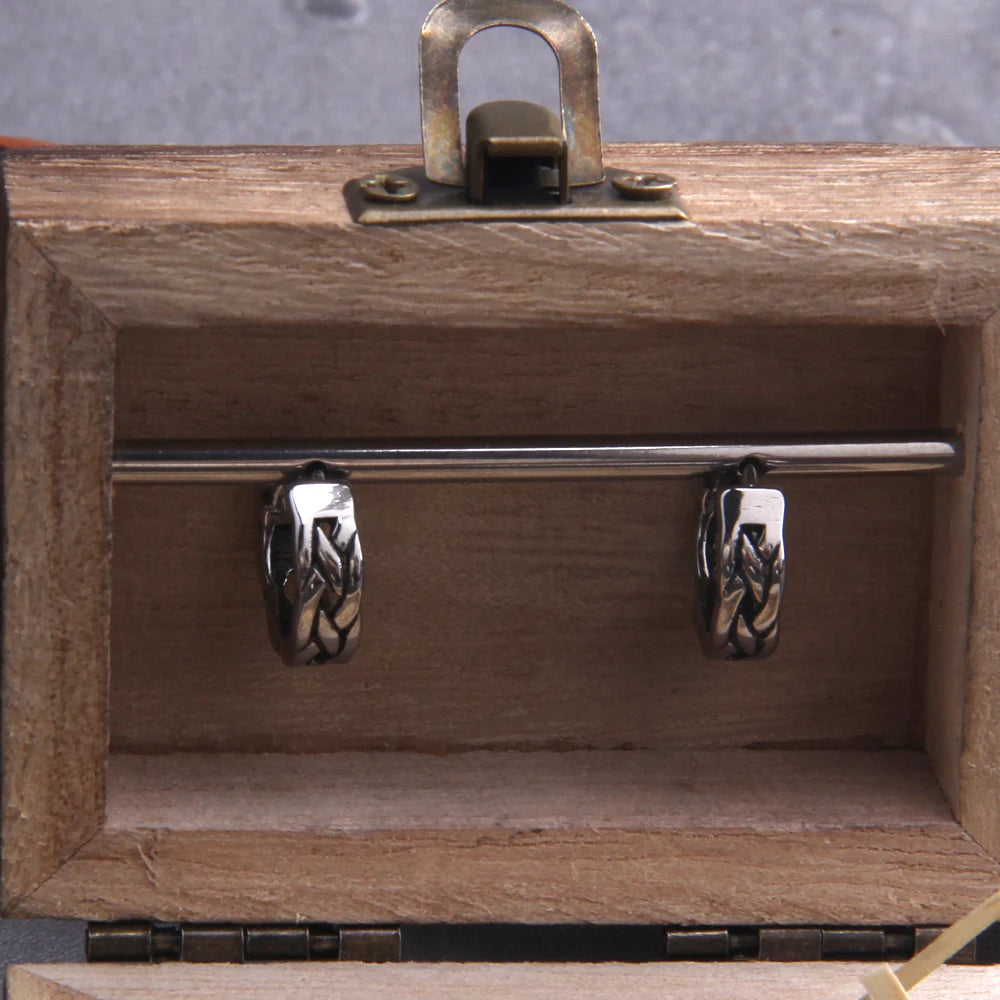 Vikings Braid Stainless Steel Huggie Hoop Earrings for Men with Wooden Box