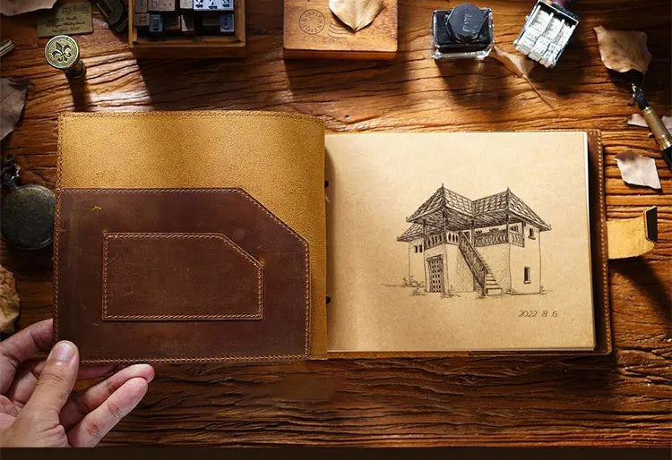 Stitched Genuine Leather Notebook 6 Colours Handmade Journal with Lock Blank Kraft Paper 200 Pages Sketchbook