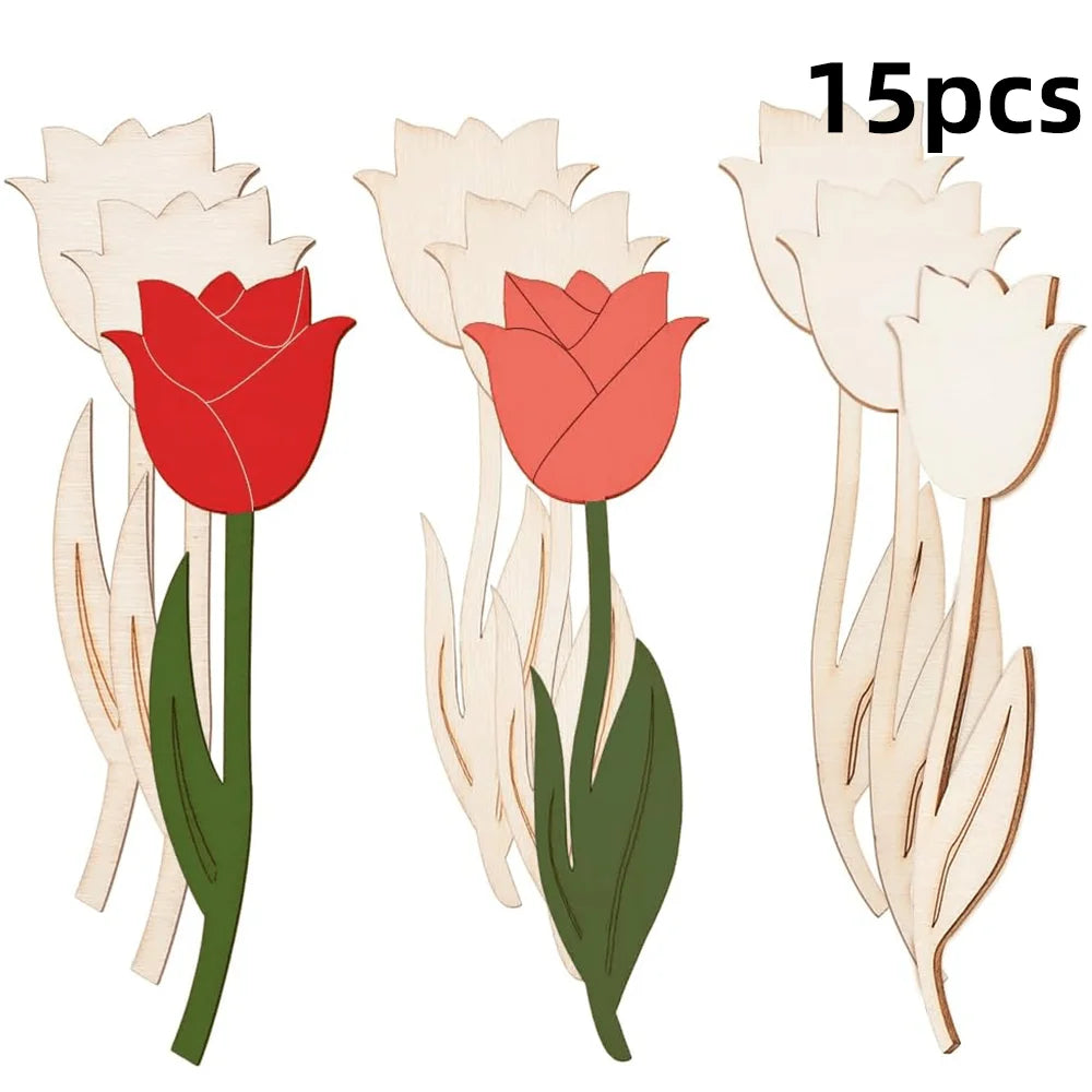 15/30pcs 3 Styles Wooden Tulip Flower Cutouts Wooden Craft Project