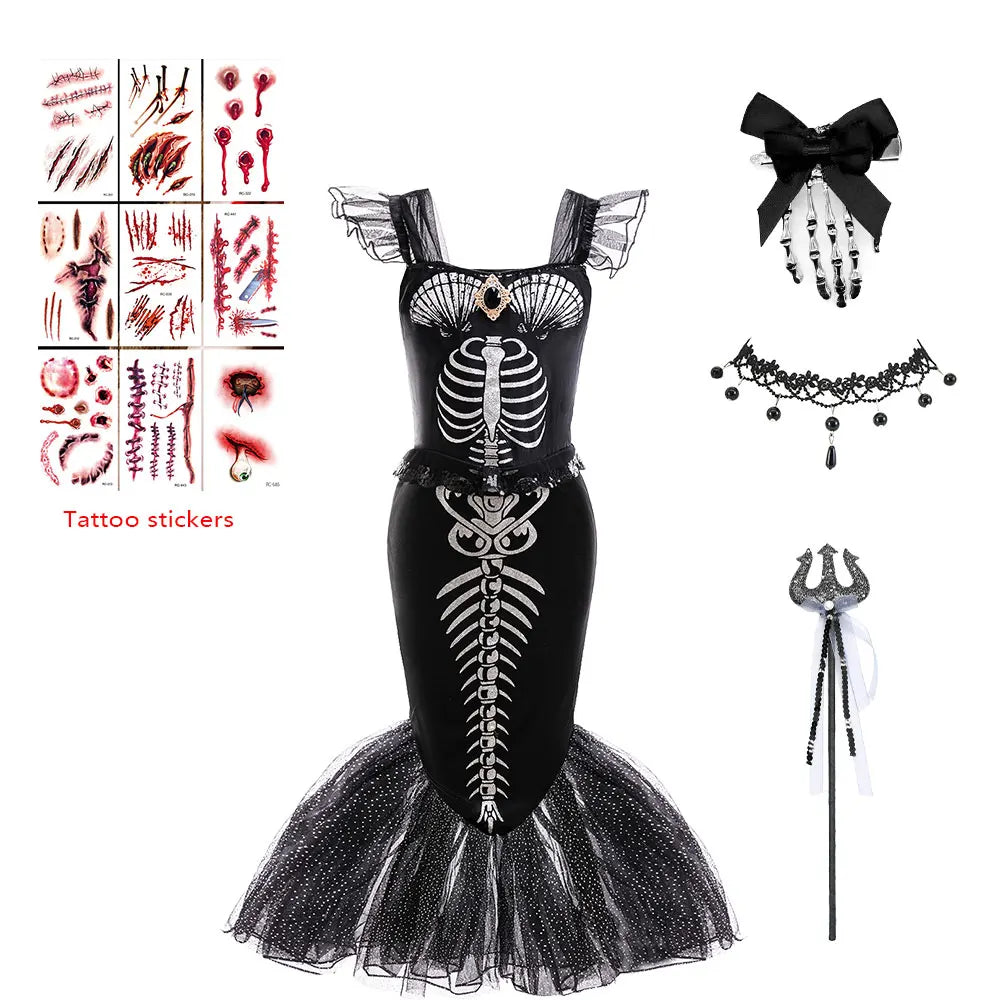 Halloween Mermaid Skeleton Costume Sets Gothic Girls Black Dress