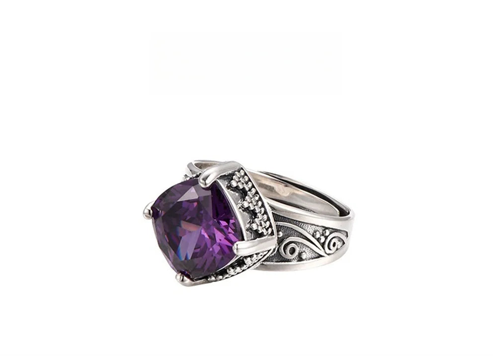 Token of the Wyverns S925 Sterling Silver Ring Ancient Pattern Rhombus Purple Zircon