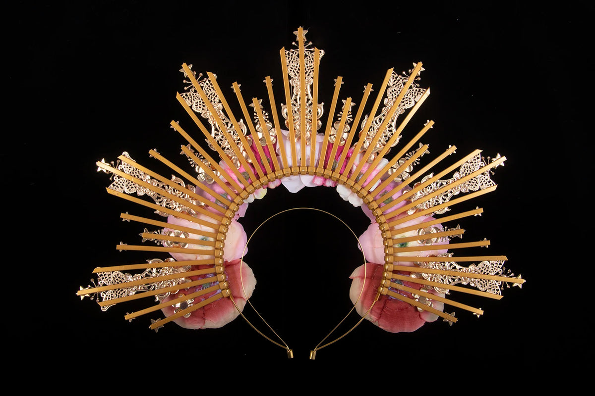 Pink Rose Pearls Sun Crown Headpiece Gothic Goddess Halo Headband