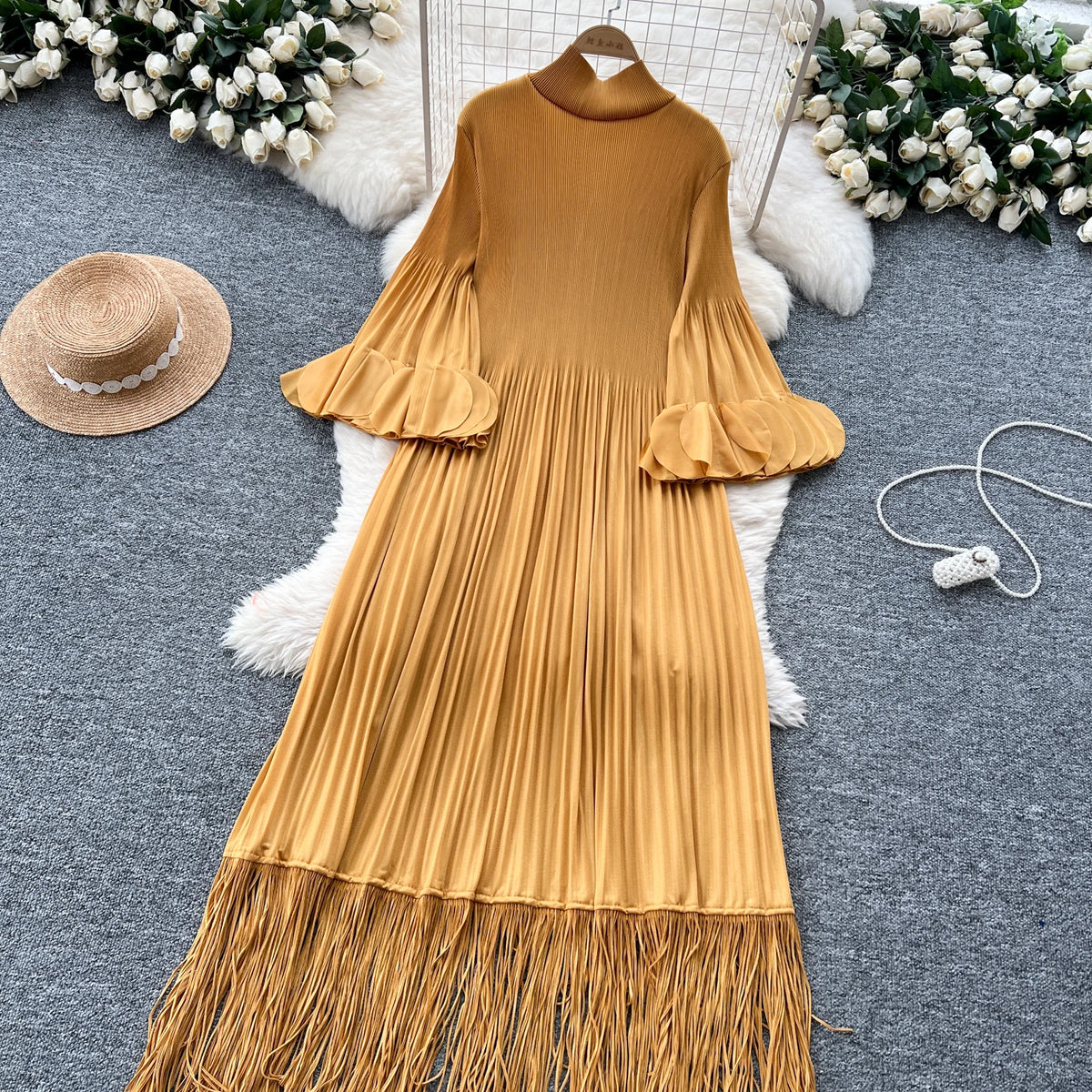 Petal Sleeves Pleated Tassel Dress Eight Colours