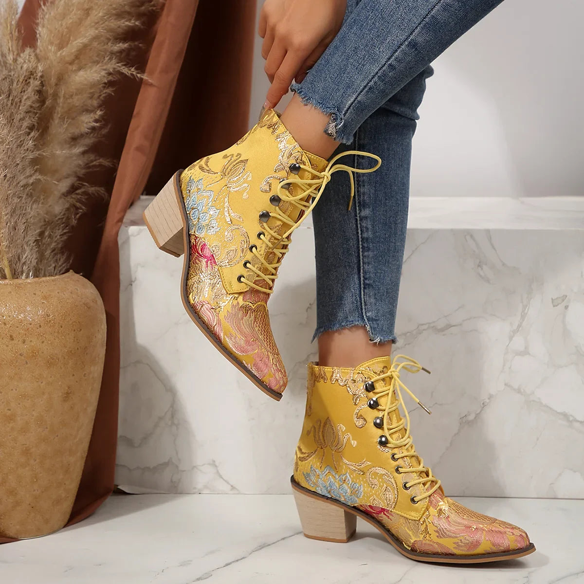 Purple and Golden Marie Antoinette Handmade Embroidered Ankle Boots