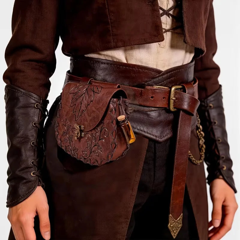 Medieval Leaf-Patterned Embossed PU Leather Waist Bag Forest Belt Pouch Renaissance Costume Accessories Cosplay Props
