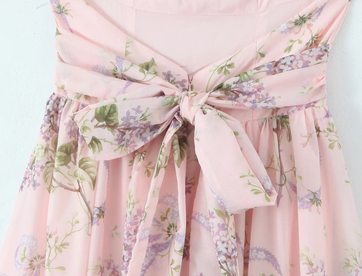 Ceony's Pink Floral Backless Halter Neck Dress