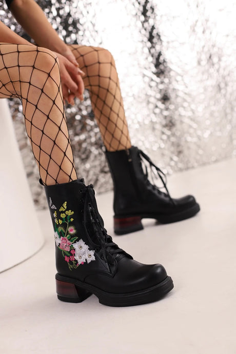 Wildflower Embroidery Lace Up Ankle Boots Black Platform Chunky Heels Large Sizes
