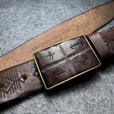 Norse Viking Runes Genuine Leather Men's Belt Pure Copper Buckle