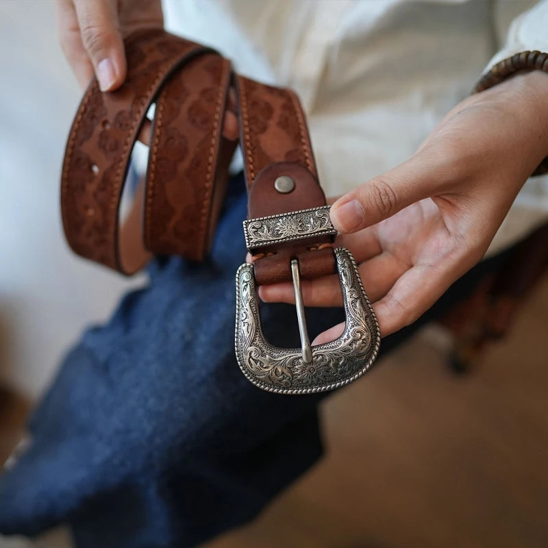 Bobby Ray's Genuine Leather Western Cowboy Court Style Embossed Steel Buckle Belt