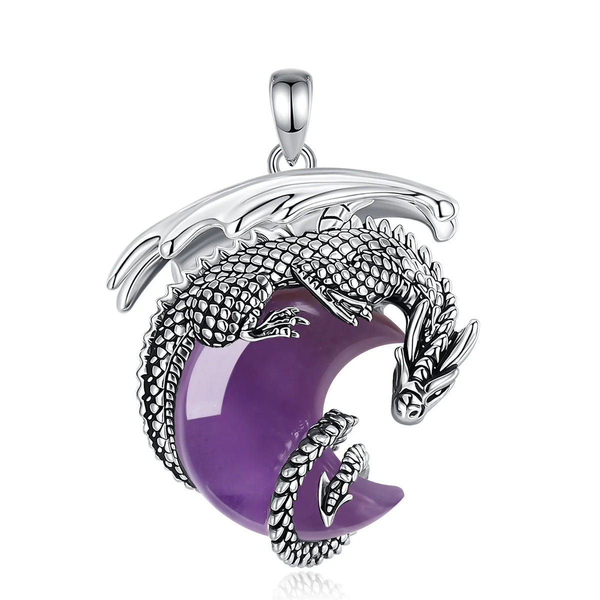 Dragon Crescent Moon Natural Amethyst Crystal Necklace Pendant