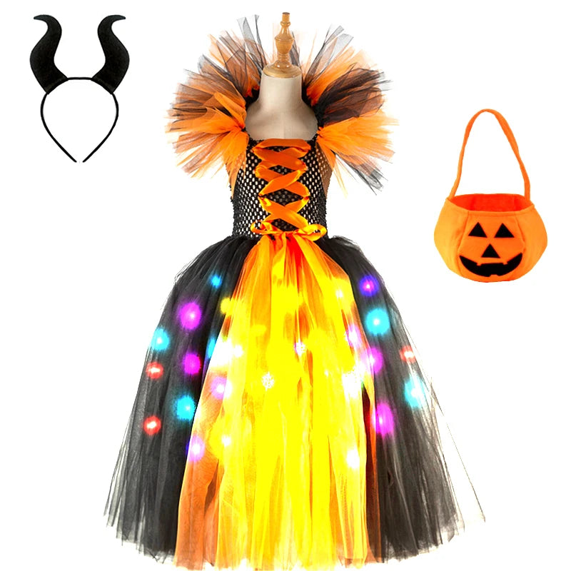 Girls Witch Ghost Vampire Halloween Costume Fluffy Tulle Dress