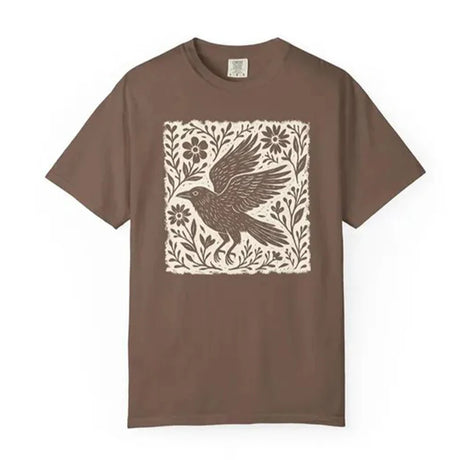 Folklore Crow Lino Print Cotton T-Shirt Folk Art Linocut