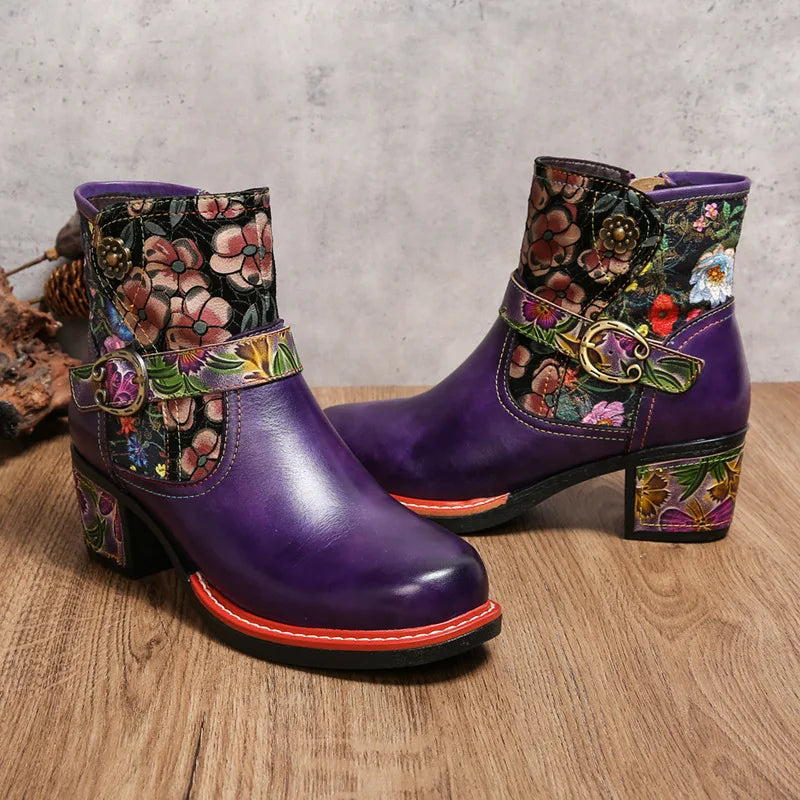 Violet's Floral Boots Genuine Leather Hand-painted Short Boots