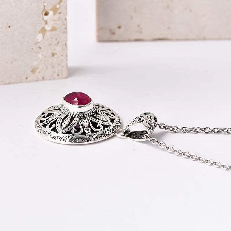 The Eye of the Wise S925 Sterling Silver Pendants Ancient Pattern Red Corundum