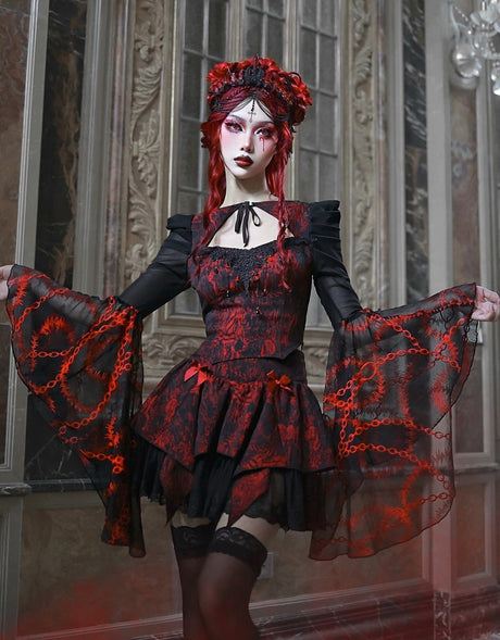 Red Gothic Embossed Jacquard Lace Top & Skirt