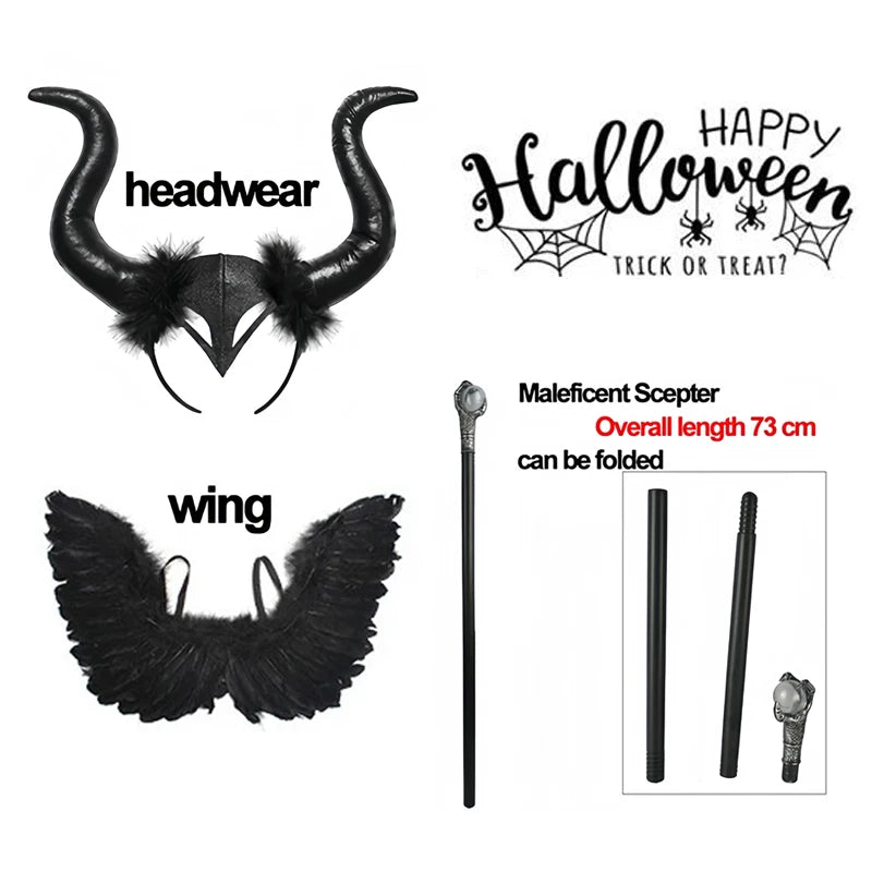 Girls Maleficent Black Tutu Halloween Costume with Feather Shawl