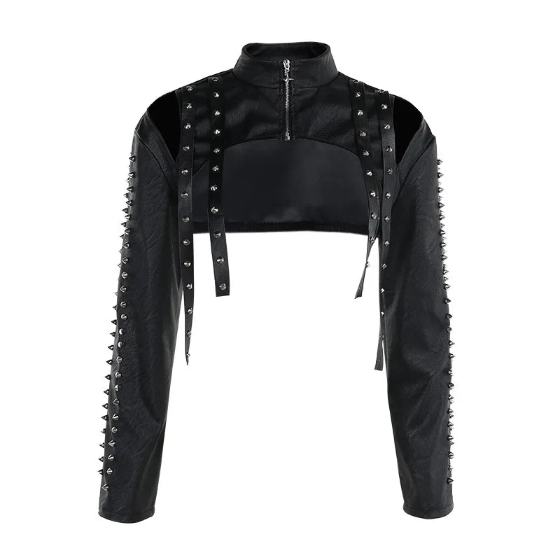 Women's Punk Crop Jacket PU Leather Cosplay Jacket Rivet Strap Gothic Streetwear Top
