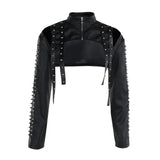 Women's Punk Crop Jacket PU Leather Cosplay Jacket Rivet Strap Gothic Streetwear Top