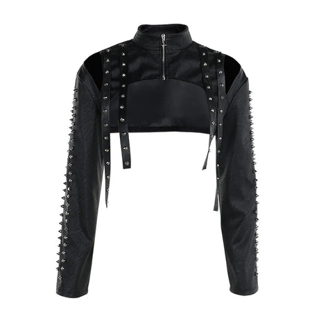 Women's Punk Crop Jacket PU Leather Cosplay Jacket Rivet Strap Gothic Streetwear Top