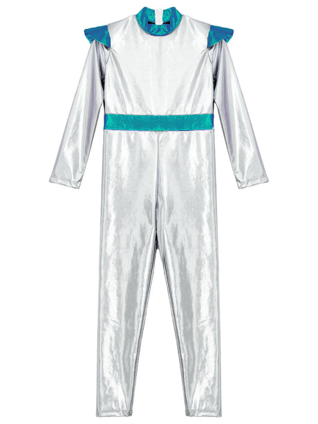 Girls Boys Alien Costume Shiny Metallic Full Body Suit Space Astronaut Robot Halloween Dress Up