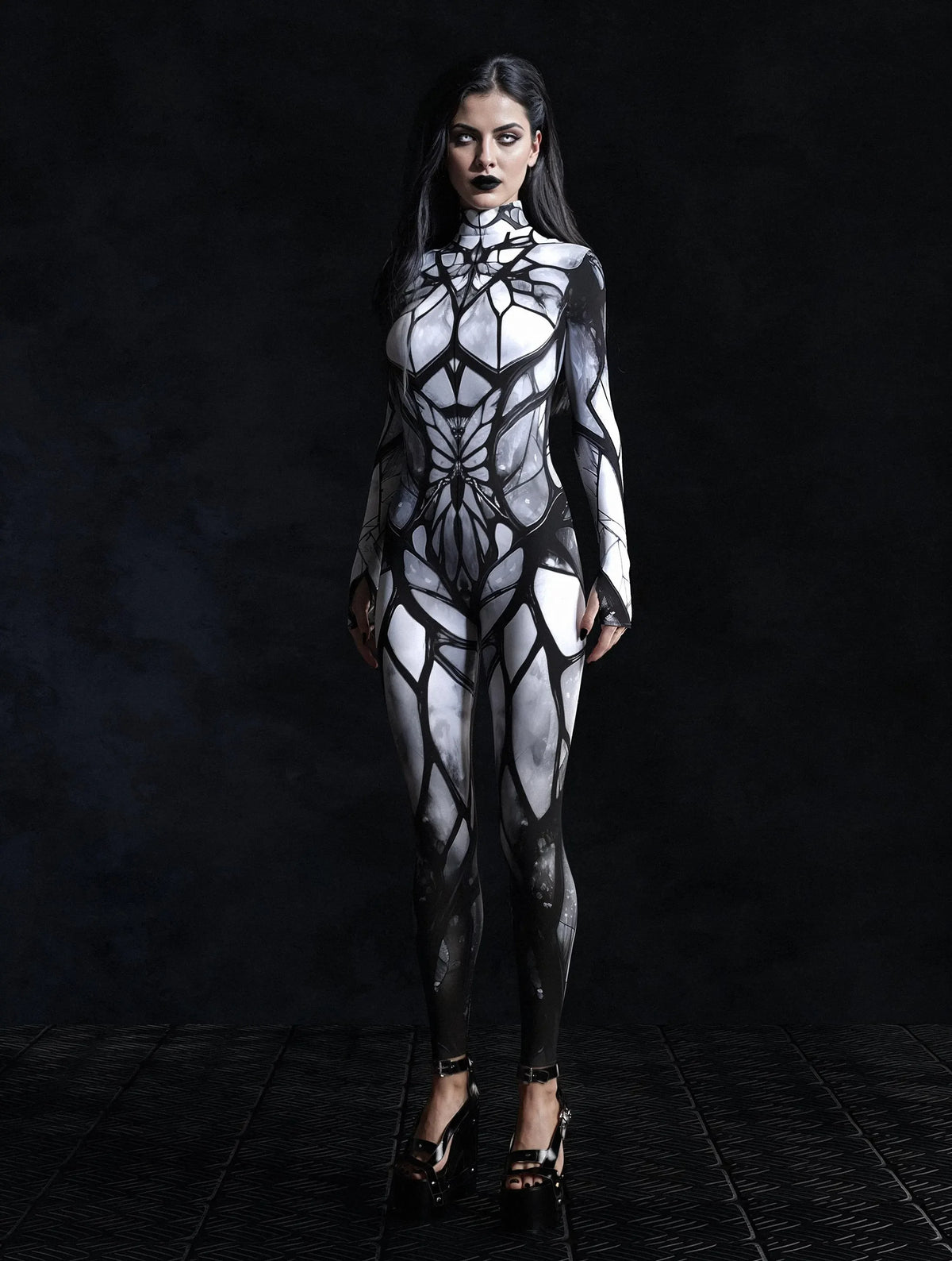 Gothic Stained Glass Full Moon Bodycon Jumpsuit Halloween Party Wear Rave Cosplay Costume Festival  Fit