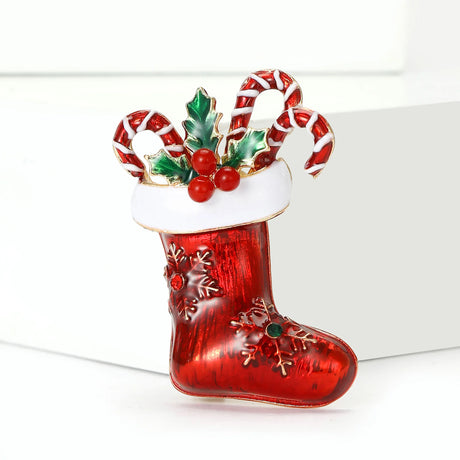 Red Enamel Christmas Stocking Candy Canes Brooches