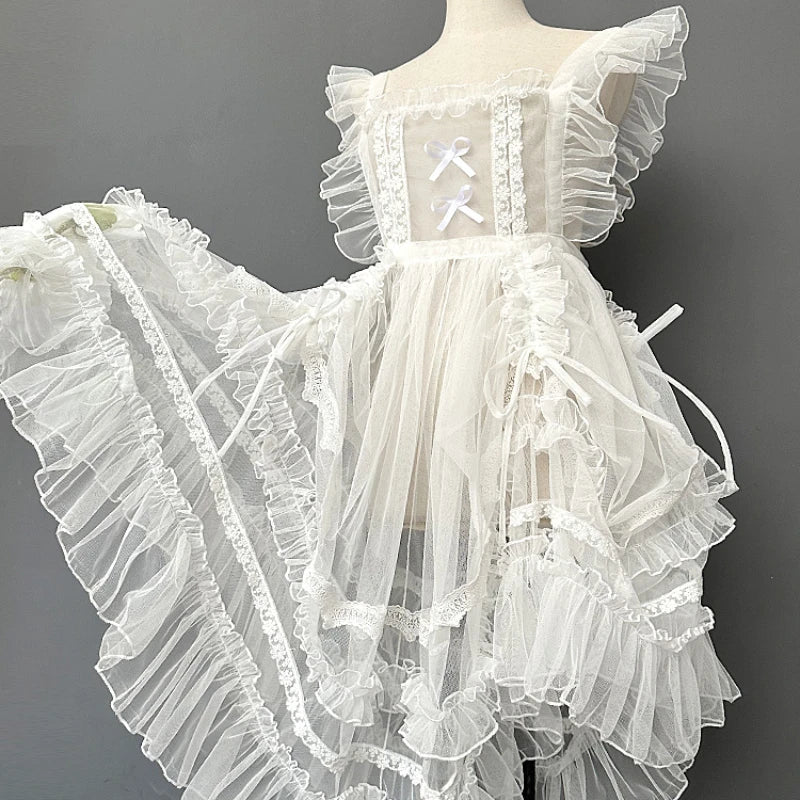 Sweet Lolita Aprons Sheer Mesh Ruffled Lace Over Layer
