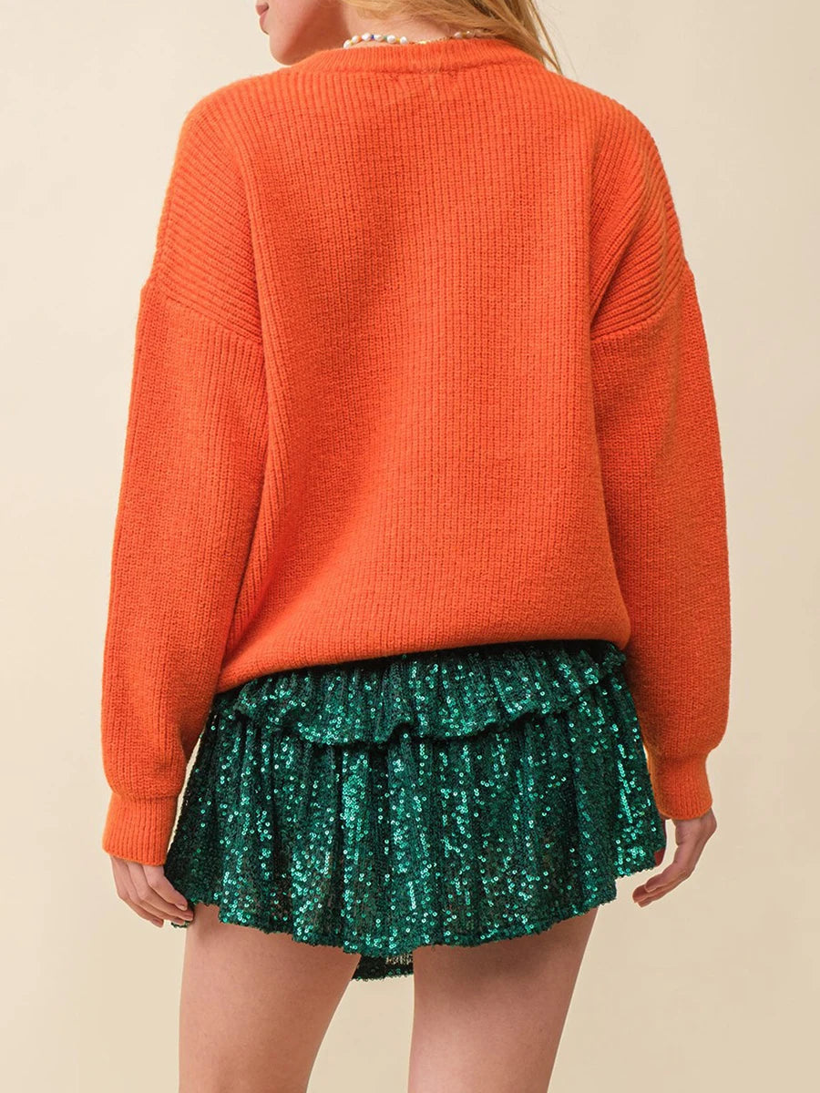 Hello Pumpkin Halloween Sweater Letter Embroidery Knit Fall Winter Pullover