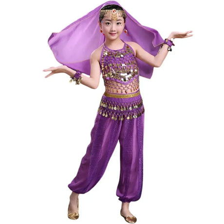 Girl's Stage Performance Chiffon Belly Dance Costume 7pcs Sets Kids Dancing Outfits