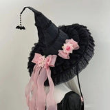 Gothic Witch's Hat Black Ruffled Lace Rose Bow Ribbon Halloween Party Cosplay Costume Props Decor
