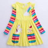 Girls' Long Sleeve Unicorn Dress Two Pockets Rainbow Sleeves