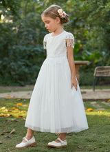 Girl's Beaded Lace Tassel White Tulle Special Occassion Dress