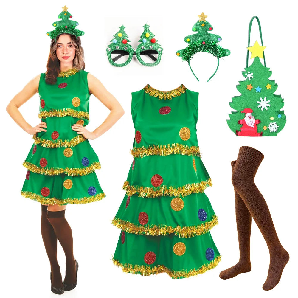Women Christmas Tree Costume Sleeveless Cake Dress + Headband + Glasses + Long Socks + Bag