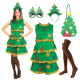 Women Christmas Tree Costume Sleeveless Cake Dress + Headband + Glasses + Long Socks + Bag