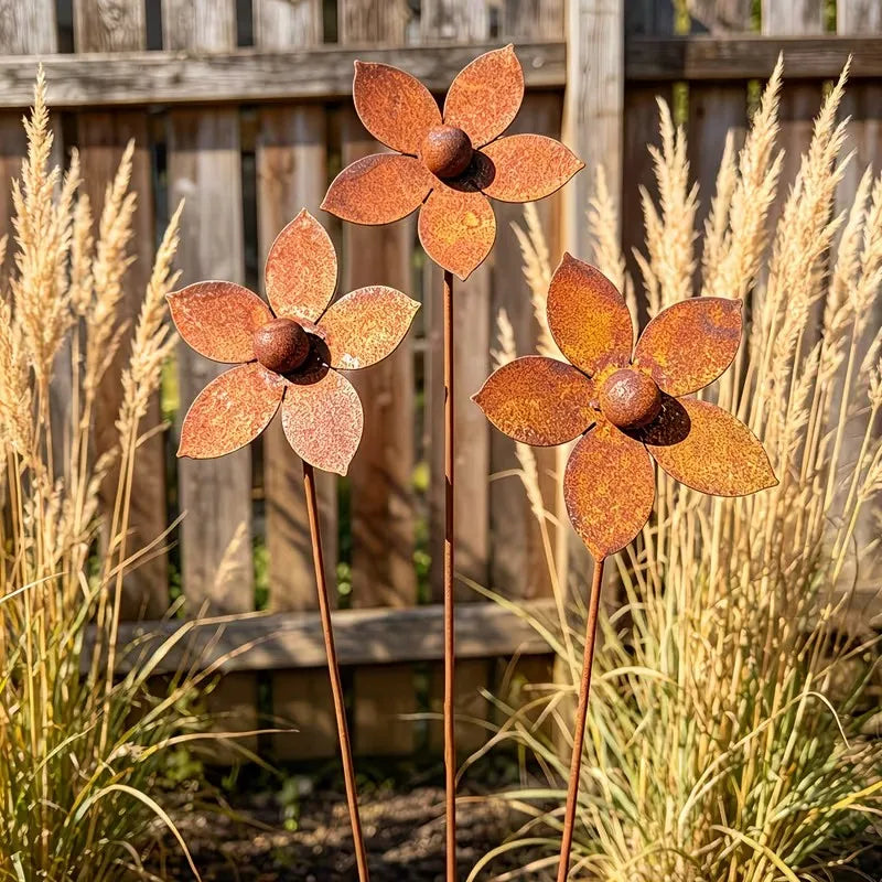 1/3pcs Rusty Metal Flower Garden Decorative Ground Stakes