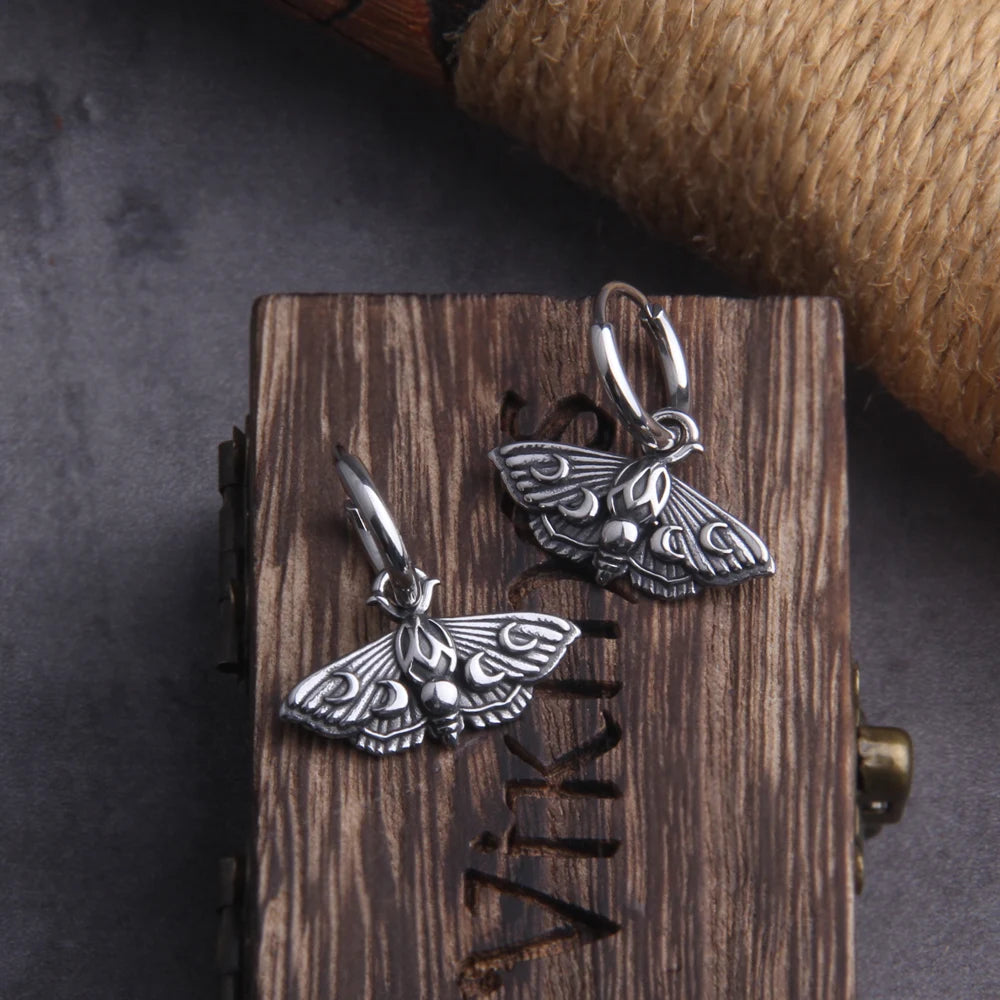 Pagan Moth Moon Phase Stainless Steel Earrings with Wooden Box