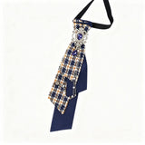 Dark Academia Jabot Plaid Short Necktie Rhinestone Brooch Pearl Chain