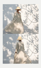Evie's Vintage French Style Cotton Linen Dress Long Sleeveless Loose Wrap