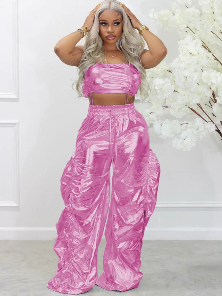 Gold Sliver Metallic Two Piece Sets Crop Top and Pants Streetwear Hip Hop Rave Festival Outfit