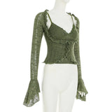Y2k Dark Green Long Sleeved Ruffle Top Matching Skirt Goblincore