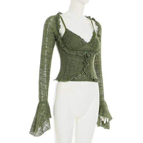 Y2k Dark Green Long Sleeved Ruffle Top Matching Skirt Goblincore