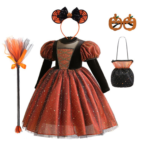 Tabitha's Halloween Witch Girls Orange Costume and Accessories