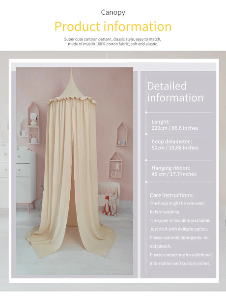 Muslin Cotton Hanging Canopy with Frills Bed Baldachin for Kids Room