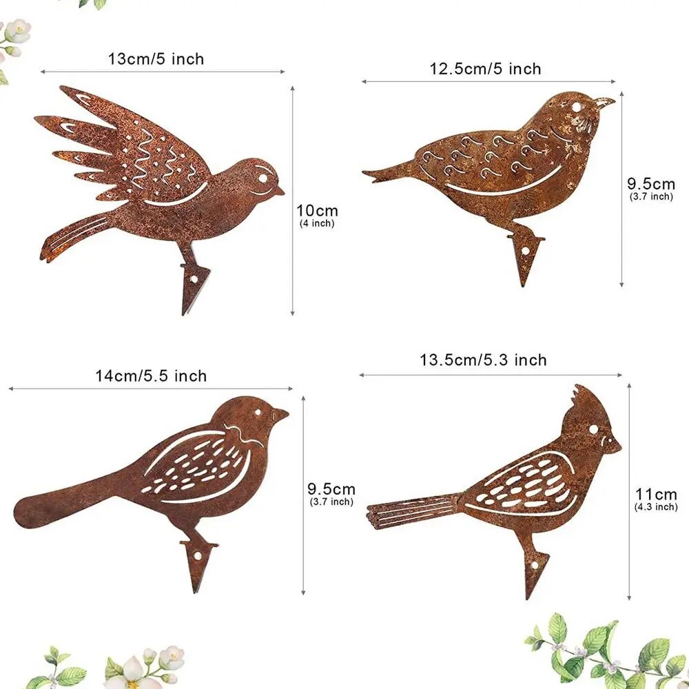 Set of Four Rusty Metal Bird Silhouettes Garden Fence Decor