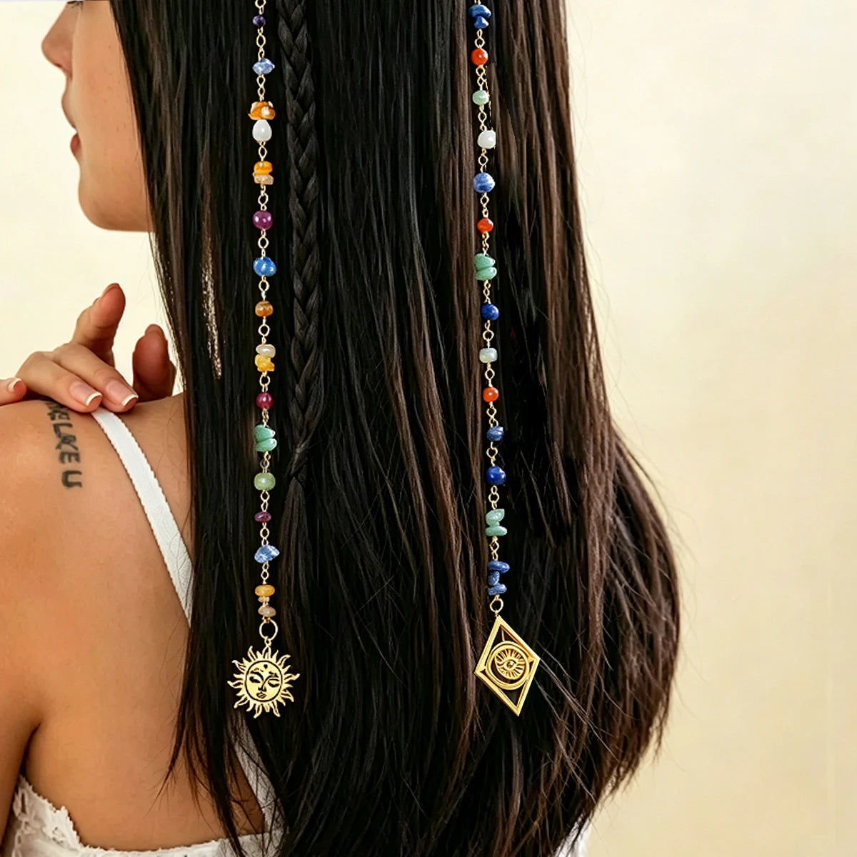 A pair of Handmade Natural Stone Chip Beaded Hair Chain Sun and Moon