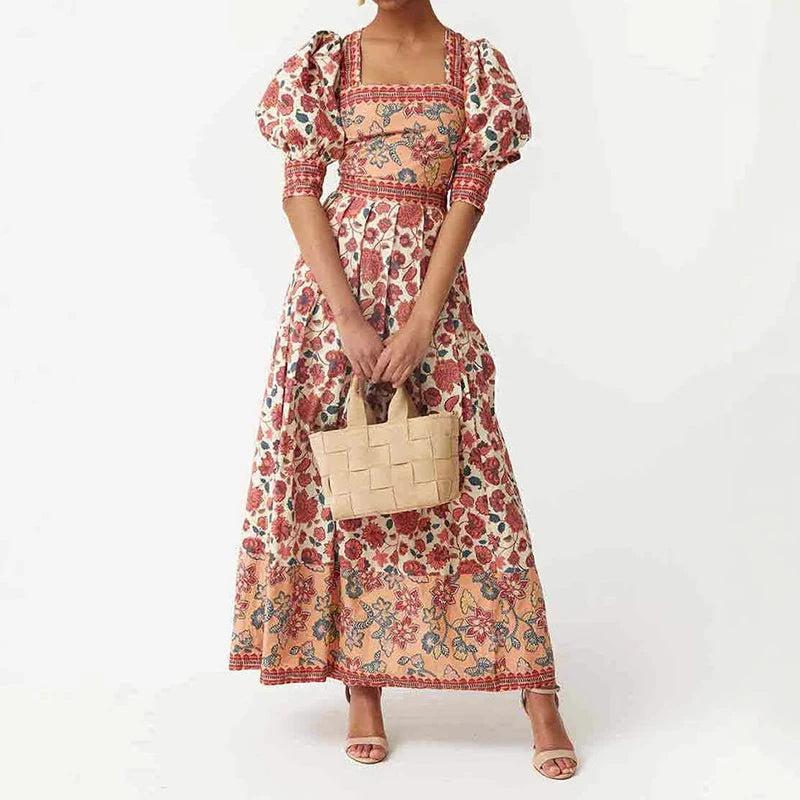 Lana's Square Neck Bubble Sleeve Top & Long Skirt Sets Floral Print Bohemian Summer Outfit