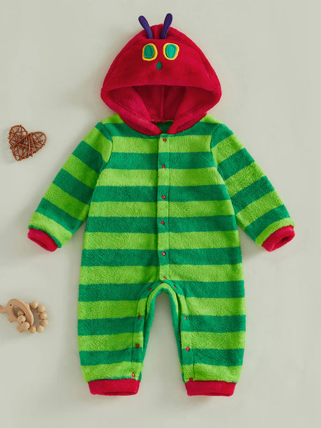Hungry Caterpillar Baby Boys Girls Fall Winter Romper Long Sleeve Plush Costume Fleece Long Sleeve Hooded Jumpsuit